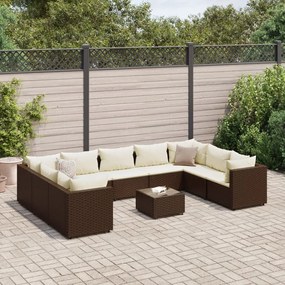vidaXL 10 pcs conjunto lounge jardim c/ almofadões vime PE castanho