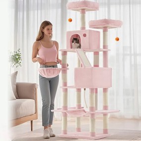 Arranhador para gatos 206 cm de altura, com 13 colunas para arranhar rosa