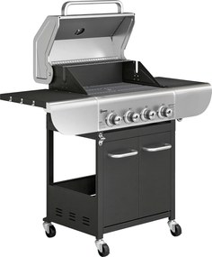 Outsunny Barbecue a Gás com 4 Queimadores 44000 BTU Rodas Grelha de Aquecimento Termómetro 129x55x117 cm Preto e Prata | Aosom Portugal