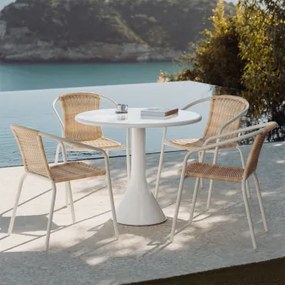 Conjunto De Mesa Redonda Ø90 Cm Em Cimento E Fibra De Vidro Melody E 4 Cadeiras De Jardim Em Aço E Rattan Sintético Kalyma Branco - Sklum