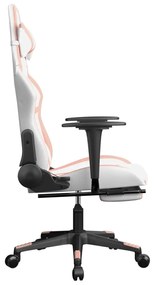 Cadeira gaming massagens c/ apoio pés couro artif. branco/rosa