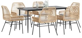 Conjunto jantar jardim 7 peças almofadas vidro vime PE castanho