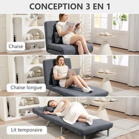 Poltrona convertível de 1 lugar, poltrona-cama clic-clac 3 em 1 com encosto ajustável, almofada, assento largo, cinzento escuro