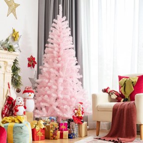 Árvore de Natal 150 cm Artificial Realista Decoração Festiva Frondosa com Purpurina Colorida Base Dobrável em Metal Rosa