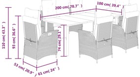 7 pcs conjunto de jantar p/ jardim com almofadões vime PE bege