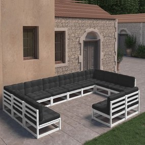 vidaXL 12 pcs conj. lounge de jardim c/ almofadões pinho maciço branco