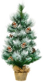 Árvore de Natal 60 cm efeito neve com pinhas decorativas, base estável em cimento e linho, decoração para interiores e secretárias Verde