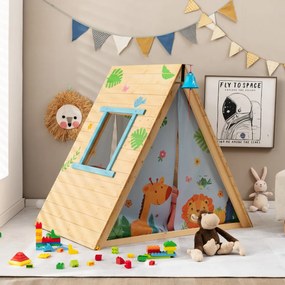 Conjunto de casa de madeira triangular 2 em 1 para 2 crianças dos 3 aos 8 anos com parede de escalada, campainha frontal e cortina amovível Natural