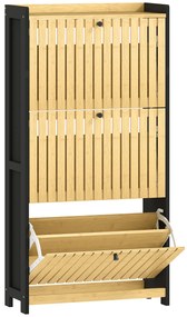 HOMCOM Móvel de Sapatos 18 Pares com 3 Gavetas Basculantes Portas em Bambu com Ripas 60x24x118 cm Preto e Madeira Natural | Aosom Portugal
