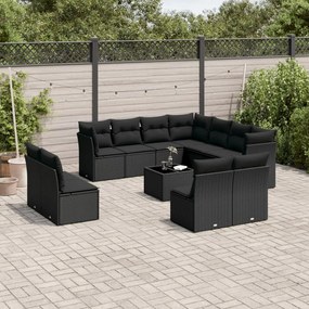 vidaXL 12 pcs conjunto de sofás de jardim c/ almofadões vime PE preto