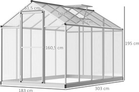 Estufa de jardim 3 x 2 m em alumínio e policarbonato, 5,5 m², com fundação, claraboia e porta com trinco cinzento, transparente