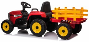 Trator elétrico WORKERS com reboque, vermelho, tração traseira, bateria 12V, rodas plásticas, assento largo de plástico, controle remoto 2,4 GHz, MP3