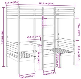 Cama alta c/ secretária/cadeiras 90x200 cm pinho maciço branco