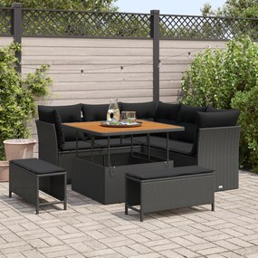 Conjunto de Sofá de Jardim de 8 Peças com Almofadas Vime PE Preto Acác