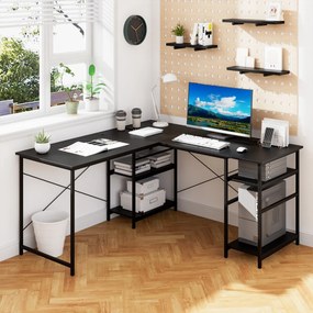 Mesa de computador em forma de L de canto conversível 2 vias 4 prateleiras Mesa de trabalho para 2 pessoas 151 x 151 x 75 cm Preta