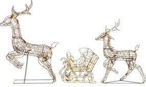 Outsunny Conjunto de Renas e Trenó de Natal com Luzes, 3 Peças, em Rattan de PP, 240 LED, 8 Modos e Temporizador | Aosom Portugal