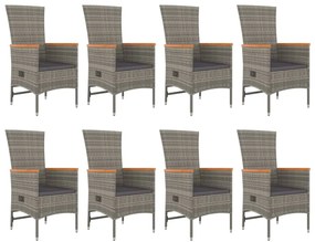 9 pcs conjunto de jantar p/ jardim c/ almofadões vime PE cinza