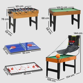 Mesa Multijogos 5 em 1 Mesa de Jogo com Matraquilho Bilhar Ping-Pong Hóquei e Basquetebol 134x108x144 cm Madeira e Preto