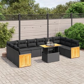 11 pcs conjunto sofás de jardim c/ almofadões vime PE preto