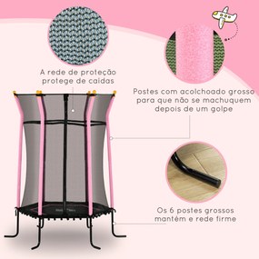 Trampolim para Crianças Cama Elástica Infantil com Rede de Segurança para Interiores e Exteriores Ø163,5x190 cm Rosa