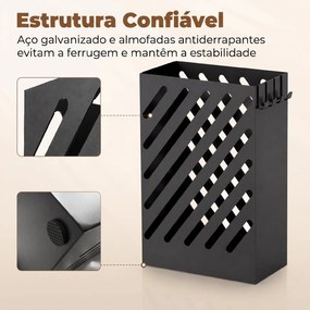 Suporte para Guarda-Chuvas em Aço Galvanizado, Estreito, com Tabuleiro Recolhe-Gotas Amovível, 4 Ganchos, 28x14x41 cm, Preto