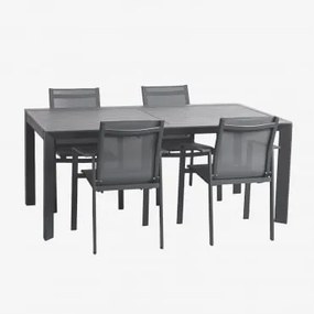 Conjunto De Mesa Extensível Retangular Starmi, 180-240x100 Cm, Feito De Alumínio E 4 Cadeiras De Jardim Eika. Cinza Grafito - Sklum