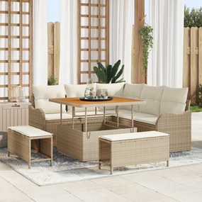 Conjunto Sofá 8 Peças de Jardim com Almofadas Bege Vime Acácia