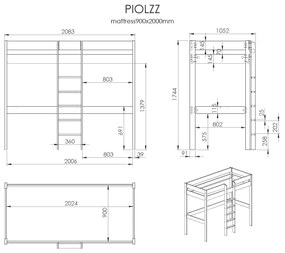 Cama alta de Criança PINO 90 x 200 cm + estrado + escada + secretária + 3 prateleiras Cinzenta