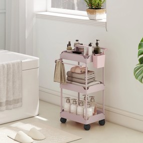 Carrinho Auxiliar com Rodas de 3 Níveis com Cestos Extraíveis Suporte para Toalhas e Estrutura de Metal 42x42,5x76 cm Rosa