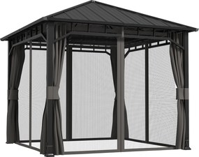 Outsunny Pavilhão 3 x 3 m À prova d'água Estável Resistente ao Inverno Pavilhão de Jardim com Painéis Laterais, Redes, Gancho Teto Rígido Cinza escuro | Aosom Portugal