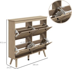 Sapateira com 4 portas basculantes, capacidade para 20 pares, prateleira ajustável, estilo boémio, pés em madeira maciça, 105 x 24 x 97,5 cm, acabamen