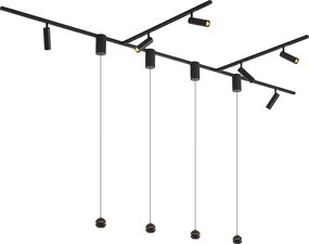 Sistema de calhas de iluminação moderno preto com 6 focos e 4 candeeiros suspensos Easylift monofásico - Slimline Uzzy Tira