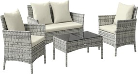 Outsunny Conjunto Sala de Jardim 4 Peças em Rattan com Sofá de 2 Lugares, 2 Cadeiras, Mesa de Centro, Cinza | Aosom Portugal