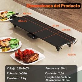 Grelhador elétrico 81,8 × 25,6 × 12,9 cm com temperatura ajustável, pegas isoladas para uso interno e externo Preto