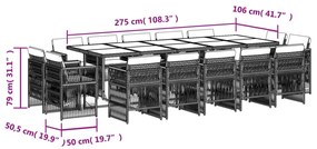 15 pcs conj. jantar jardim c/ almofadões vime PE cinzento-claro