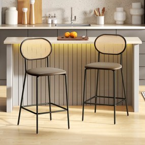 Conjunto de 2 Bancos de Bar Bancos Altos de Cozinha com Encosto em Vime Assento em PU Estrutura de Aço 45x50x97 cm Castanho