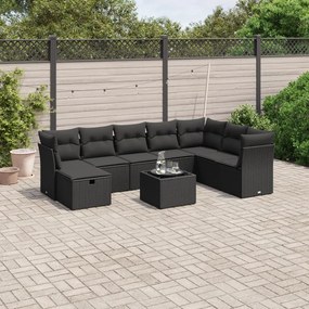 9 pcs conjunto de sofás p/ jardim c/ almofadões vime PE preto