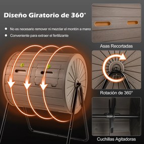 Compostor giratório para jardim com 142 L e câmara dupla, rotação eficiente de 360 graus, cor castanha