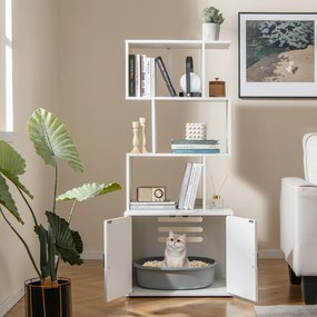 Móvel de caixa areira oculta para gatos com 3 prateleiras abertas, entrada lateral e portas 60 x 45,5 x 142 cm Branco