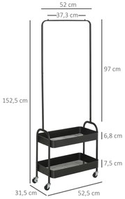 Cabide com Sapateira com Rodas Barra de Pendurar e 2 Cestos para Entrada Dormitório Sala de Estar 56,5x31,5x152,5 com Preto