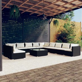 vidaXL 12 pcs conjunto lounge de jardim c/ almofadões vime PE preto