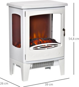 Lareira elétrica com design neo-retro, 900-1800 W, simulação de chamas com LED e luminosidade ajustável, em aço e ABS branco
