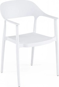 Cadeira de jantar em plástico com encosto curvo, braços e assento amplo; para uso interior e exterior, na sala, terraço ou jardim branca