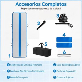 Colchão de ginástica insuflável com bomba elétrica 297 x 98 x 11 cm, saco de transporte e remendo de reparação portátil para fitness e ioga, azul