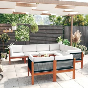 vidaXL 10 pcs conjunto lounge jardim c/ almofadões acácia maciça creme