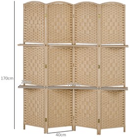 Biombo de 4 Painéis 160x170 cm Separador de Ambientes Dobrável com 2 Prateleiras de Exibição para Escritório Quarto Natural