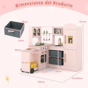 Cozinha de brincar de canto com luzes e sons, bancada retrátil, inclui lava-louças, fogão, frigorífico e acessórios para maiores de 3 anos, cor rosa