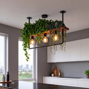 Luminária de teto industrial preta com madeira 3 luzes - Shelf