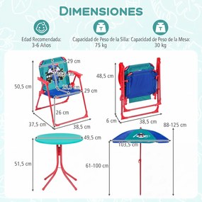 Conjunto de piquenique infantil de 4 peças com 2 cadeiras dobráveis e guarda-sol de altura ajustável para crianças dos 3 aos 6 anos, para jardim ou pá