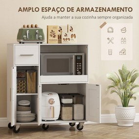 Móvel Auxiliar de Cozinha com Rodas para Microondas com Bandeja Deslizante Gaveta 3 Portas Prateleira Ajustável 80x40x88,7 cm Branco